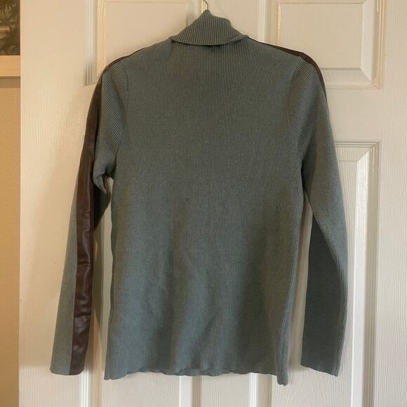 Lauren Ralph Lauren Faux Leather Trim Turtleneck Sweater XL Teal Heather/brown - Picture 4 of 11